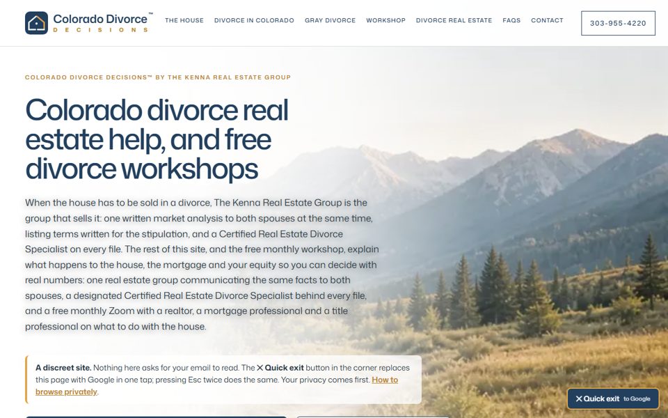 divorceworkshopsco.com home page, a site we built and run